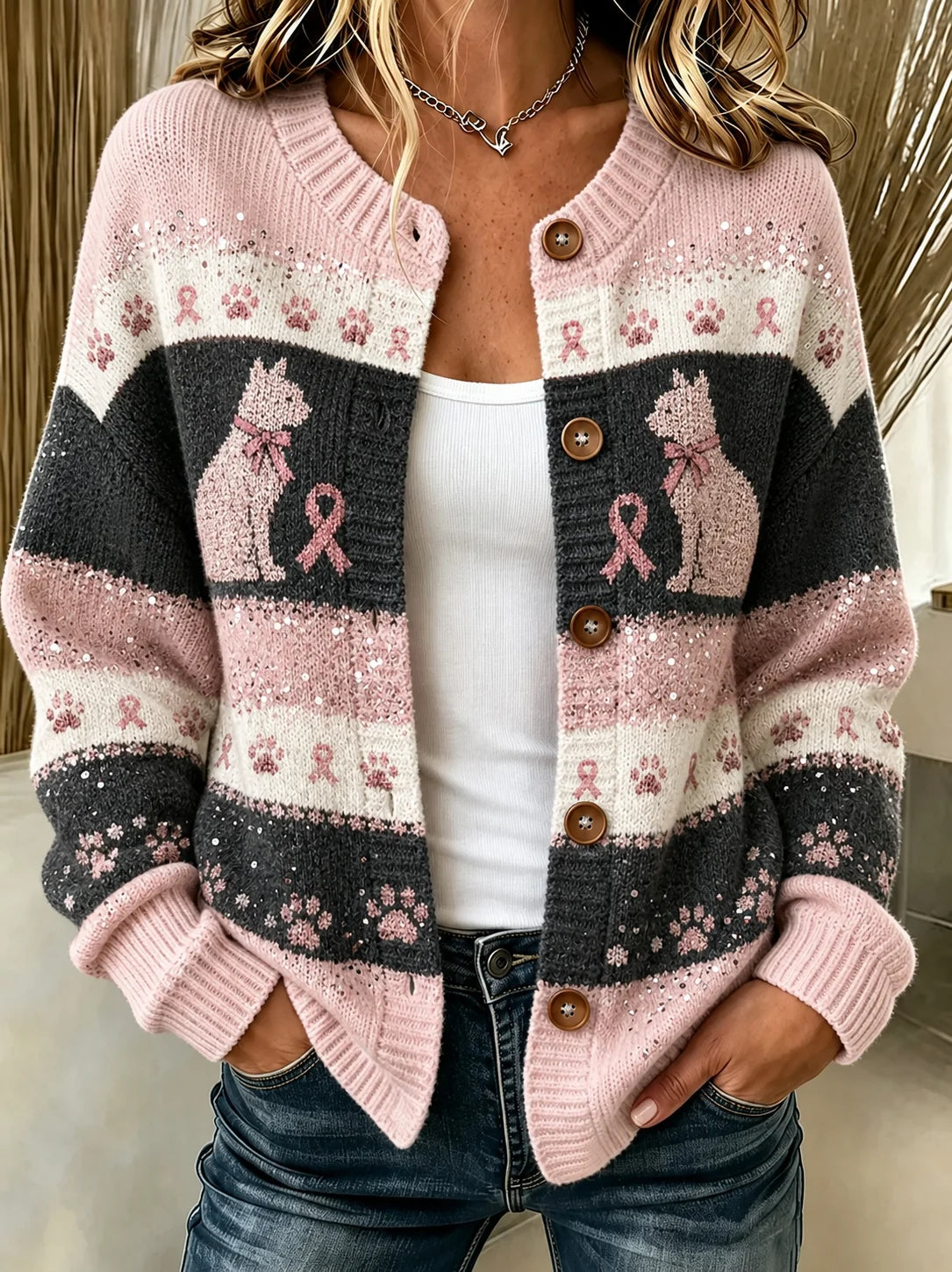 Women's Breast Cancer Awareness "Wear Pink For Myself" Graphic Print Cardigan