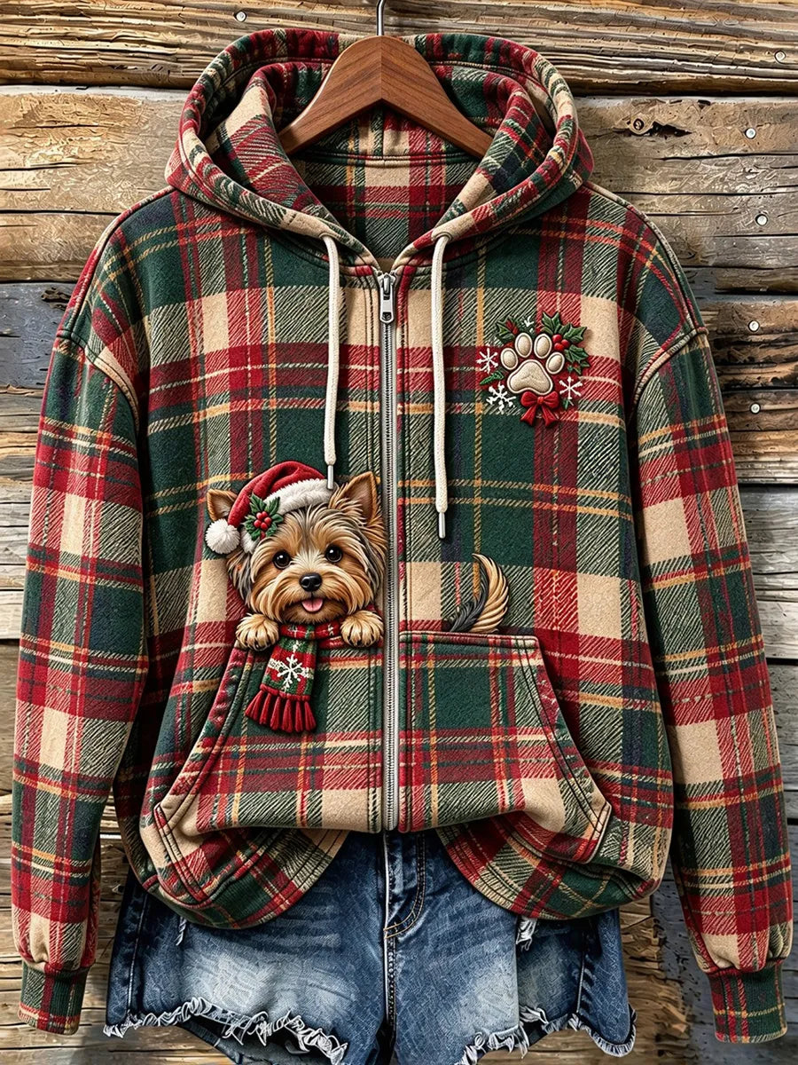 Women's Cute Peeking Yorkshire Terrier Christmas Plaid Print Zip-Up Hoodie