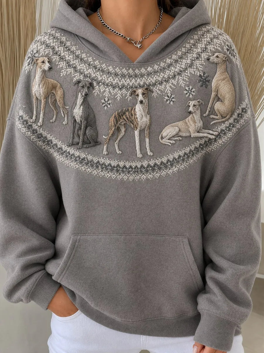 Women's Vintage Whippet Dogs Yoke Isle Pattern Print Cozy Hoodie