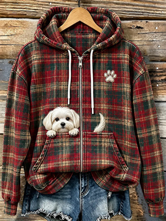 Women's Cute Peeking Maltese Christmas Plaid Print Zip-Up Hoodie