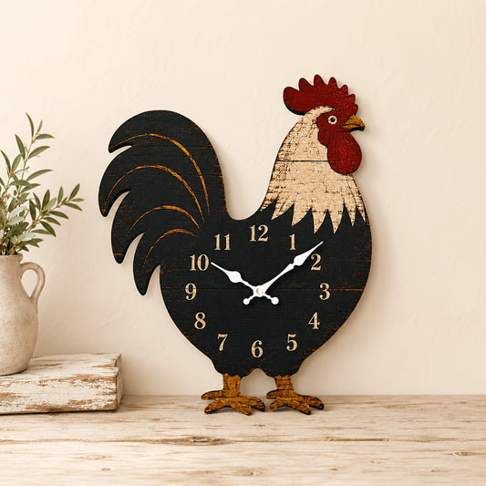 Vintage Rooster Wall Clock - Black & Gold Farmhouse Decor