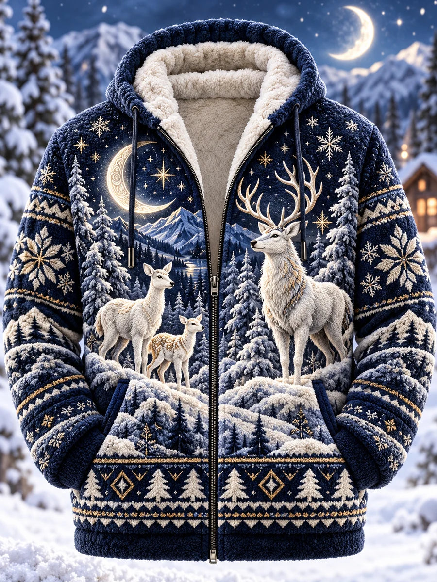 Men's Nordic Animal Print Flannel Zip-Up Hoodie
