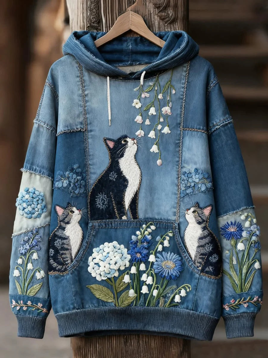 Women's Casual Patchwork Cat Print Hoodie