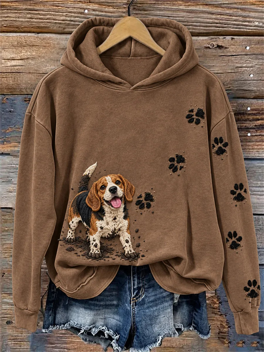 Women's Happy But Dirty Beagle Dog & Paw Prints Print Cozy Hoodie