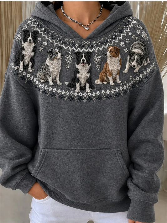 Women's Vintage Border Collie Dogs Yoke Isle Pattern Print Cozy Oversize Hoodies