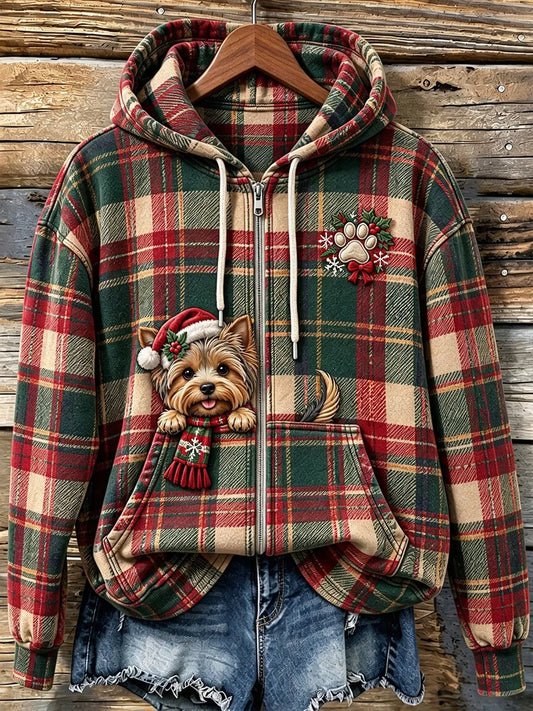 Women's Cute Peeking Yorkshire Terrier Christmas Plaid Print Zip-Up Hoodie