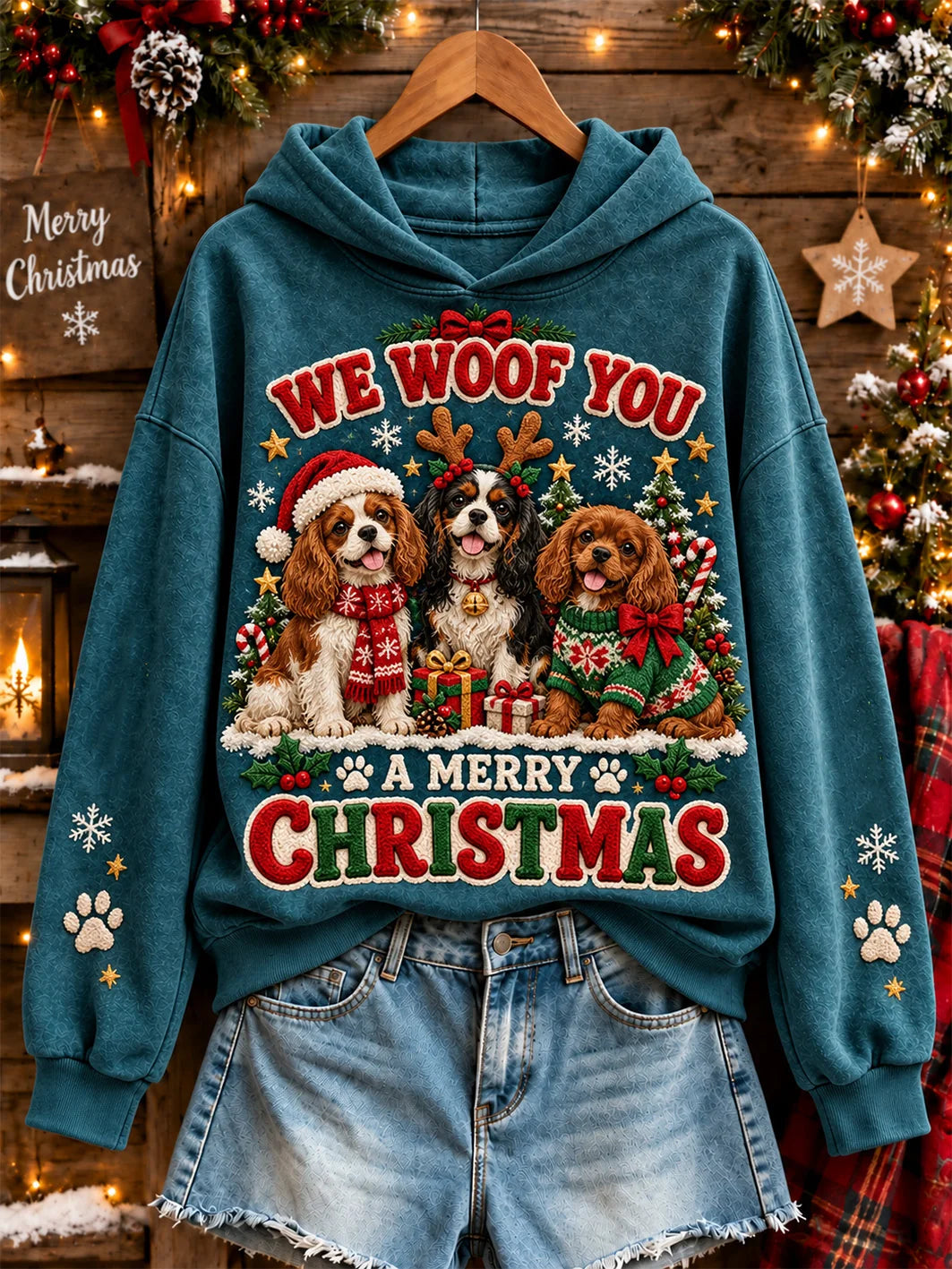 Women's We Woof You A Merry Christmas Dogs Pattern Causal Hoodie