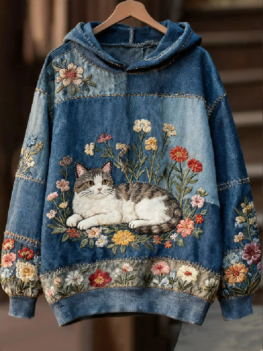 Women's Casual Patchwork Cat Print Hoodie