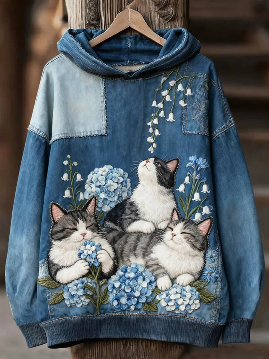 Women's Casual Patchwork Cat Print Hoodie