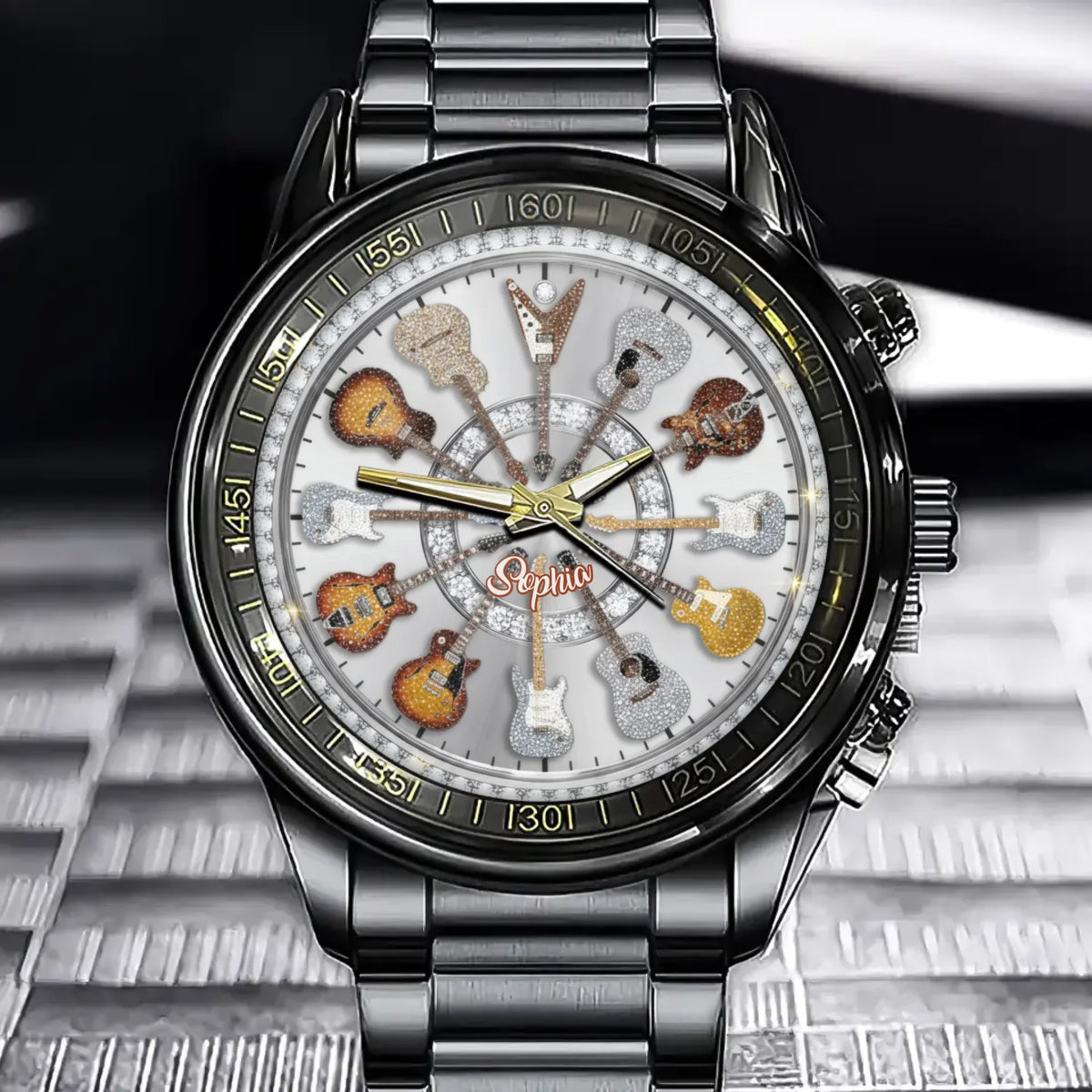 Personalized Rock Around the Clock Diamond Guitar Watch for Music Lovers