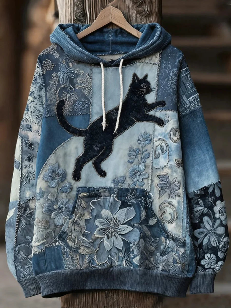 Women's Casual Patchwork Cat Print Hoodie