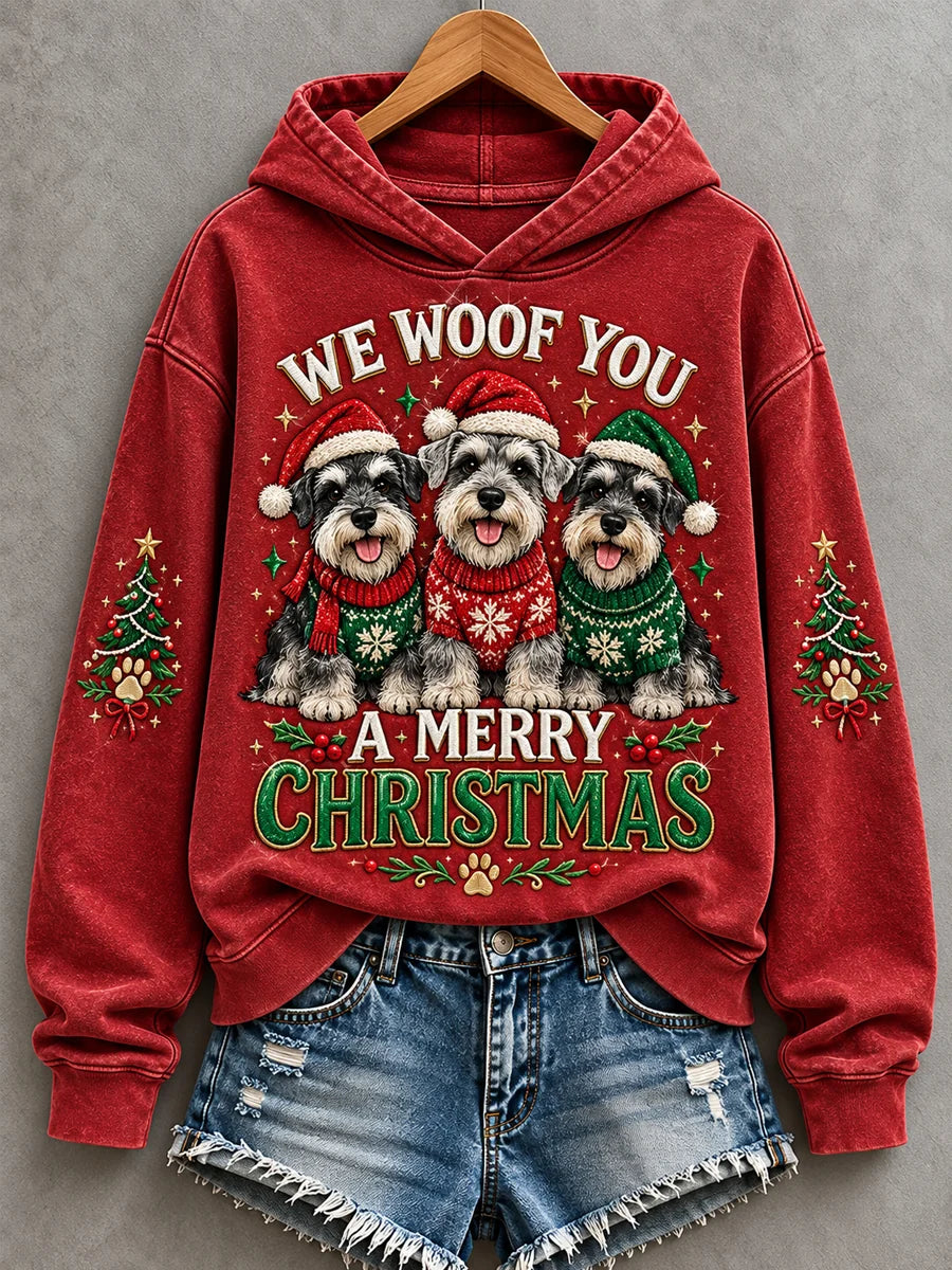 Women's We Woof You A Merry Christmas Schnauzer Print Dog Lovers Casual Hoodie