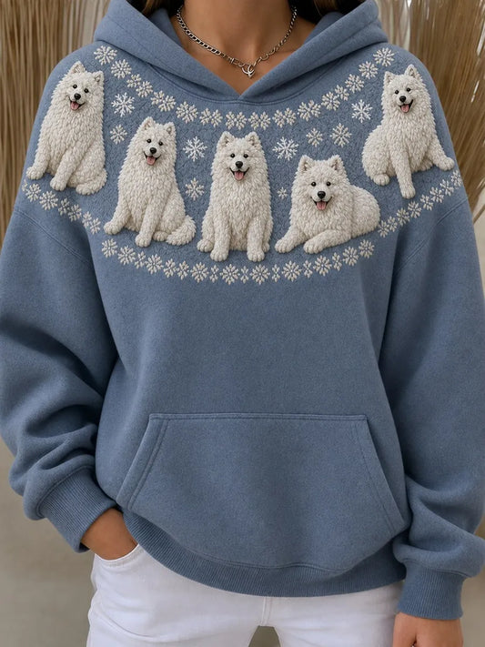 Women's Vintage Samoyed Dogs Yoke Isle Pattern Print Oversize Hoodies