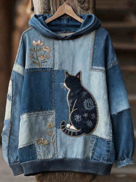 Women's Casual Patchwork Cat Print Hoodie