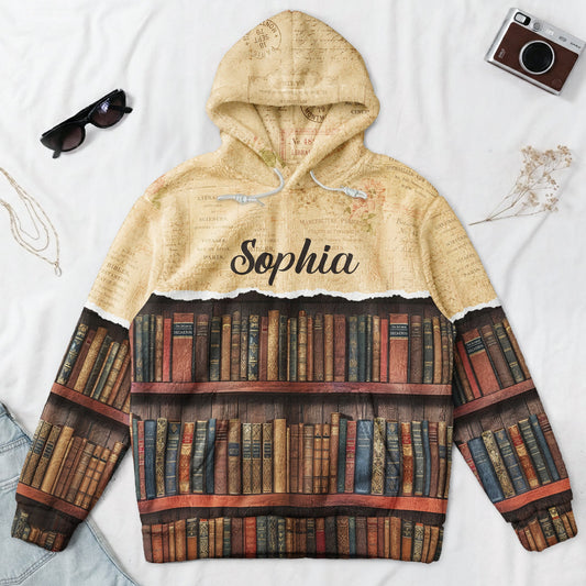Book Lover Custom Name Vintage Bookshelf - Personalized Hoodie - 1