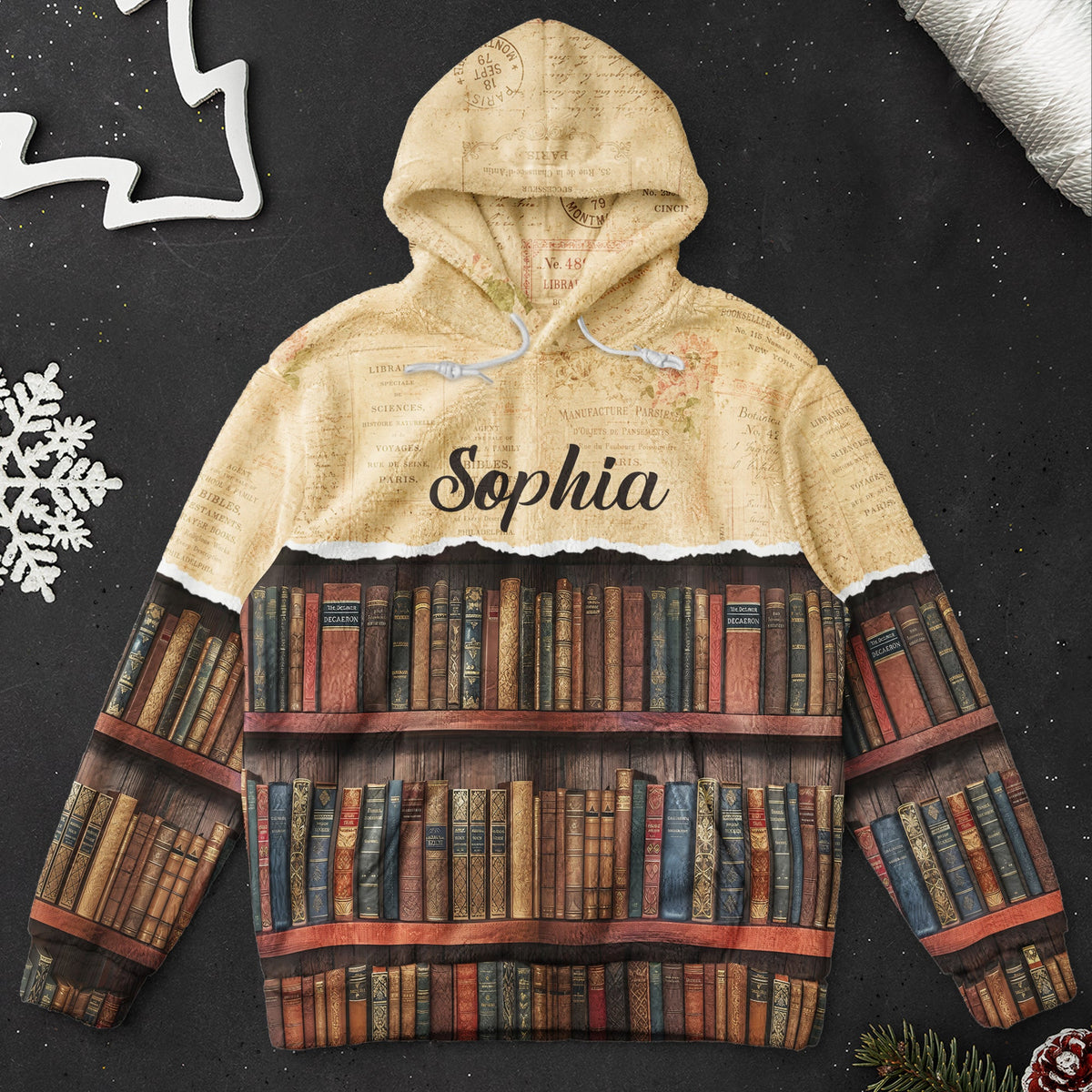 Book Lover Custom Name Vintage Bookshelf - Personalized Hoodie - 7