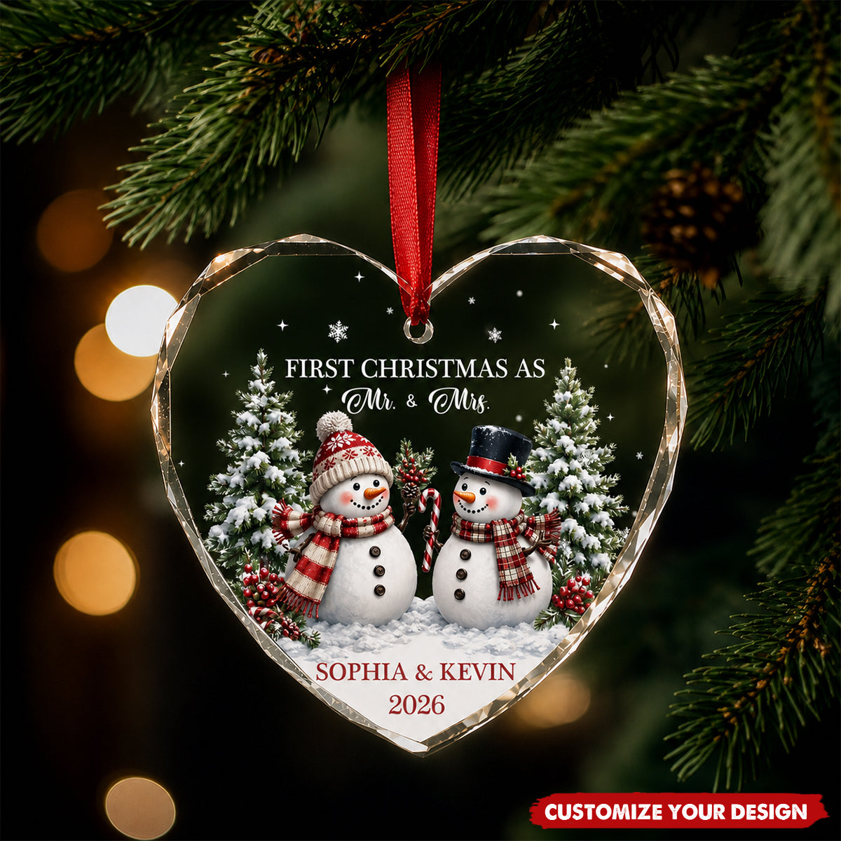 Personalized Heart Shaped Glass Ornament - First Christmas As Mr & Mrs Snowman - 1