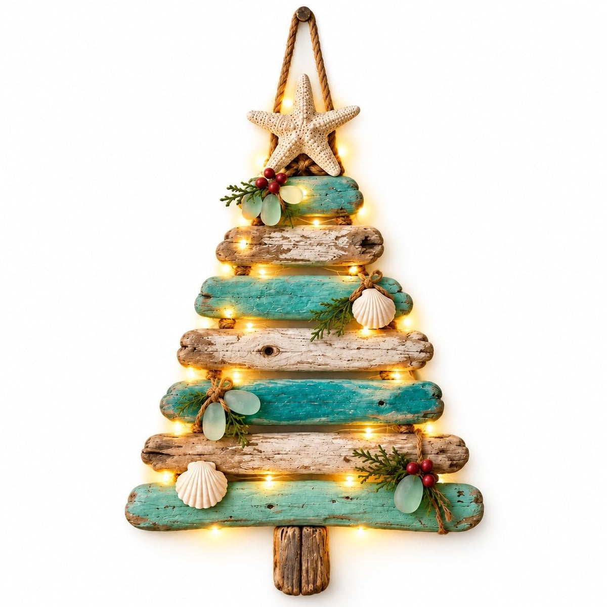 Coastal Christmas Driftwood Tree – Lighted Beach-Inspired Wall Decor