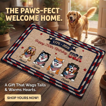 USA 250th Birthday Patriotic Flag Dog Faux Yarn Pattern - Personalized Doormat - Gift For Dog Lovers