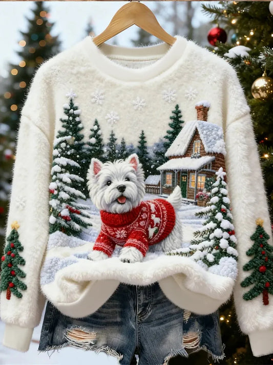 Women's Cute Christmas Dog Art Print Casual Flannel Sweater