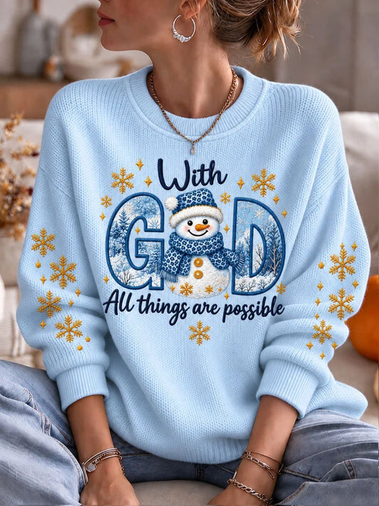 Women's Casual Cute Snowman-Print Knit Top