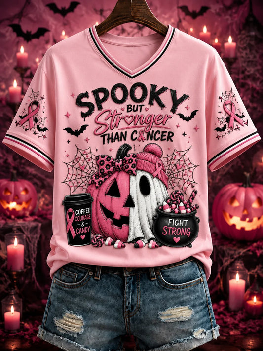 Women's “SPOOKY BUT Stronger THAN CANCER” Printed V-neck T-shirt