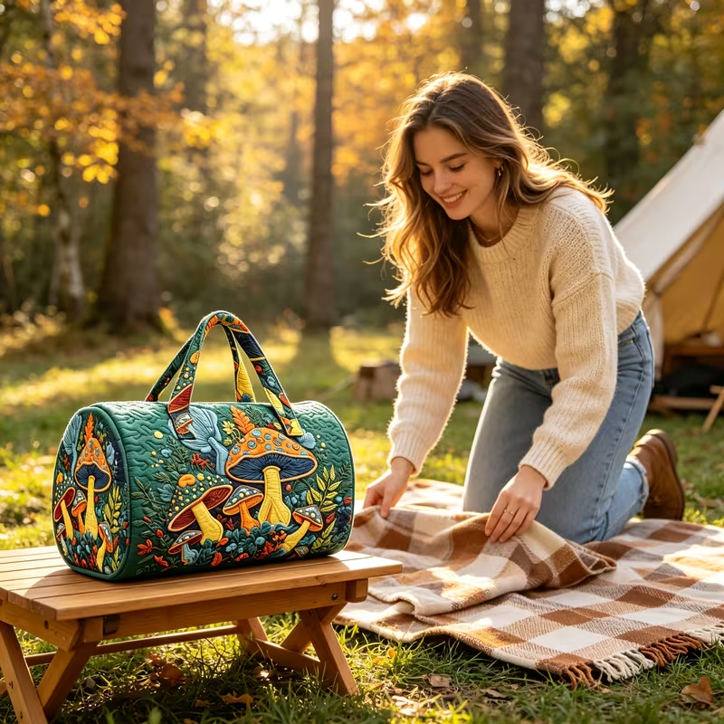 Vintage Mushroom Quilted Weekender Bag