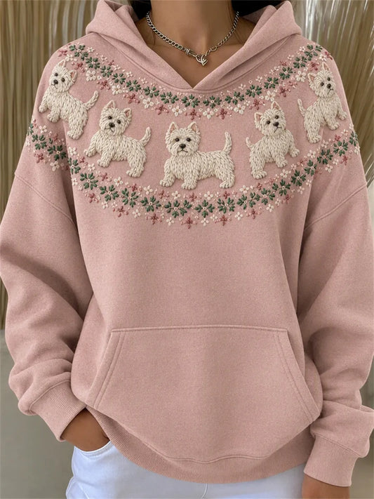 Women's Vintage West Highland White Terrier Dogs Yoke Isle Print Cozy Hoodie